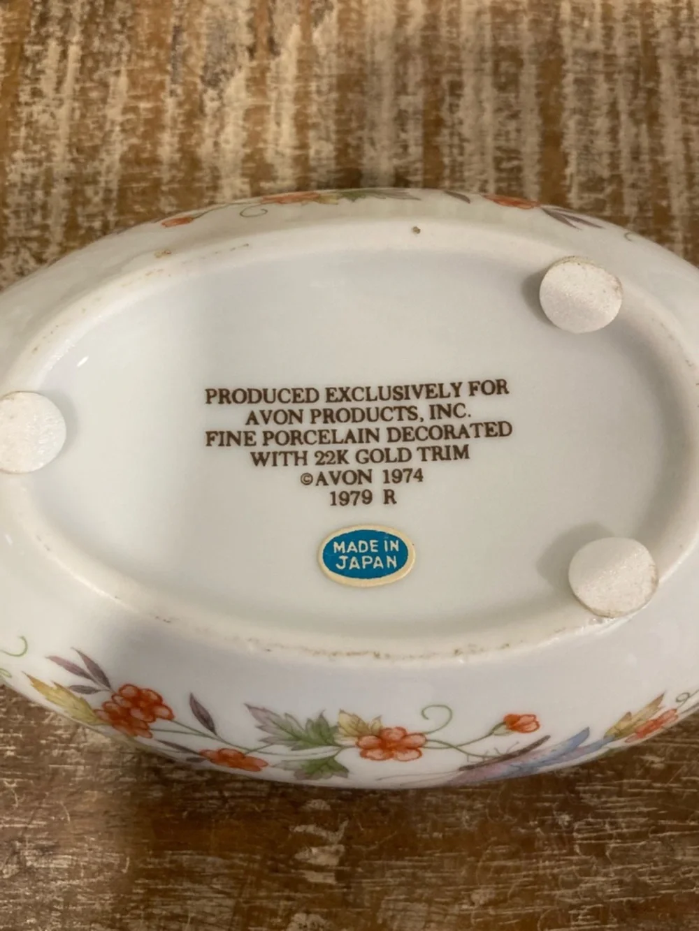1970s Avon Butterfly Floral Porcelain Egg Shaped Trinket Box with 22K Gold Trim